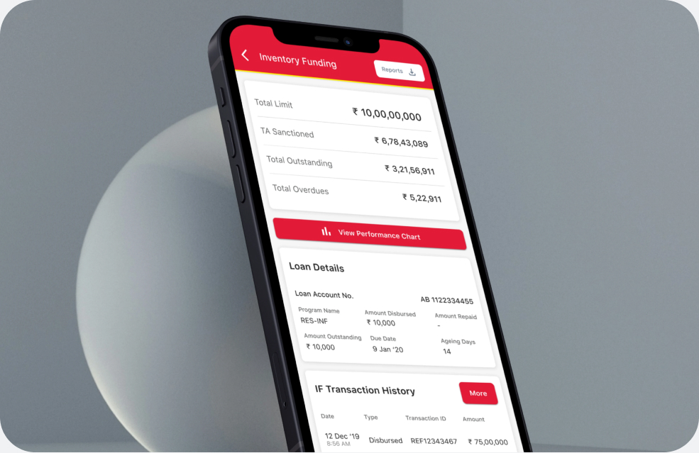 Mahindra Finance app — inventory funding screen with loan details and transaction history
